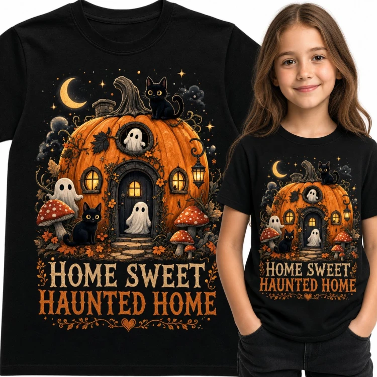 Koszulka dziewczęca na Halloween „Home sweet haunted home” - domek w dyni z duszkami i kotami