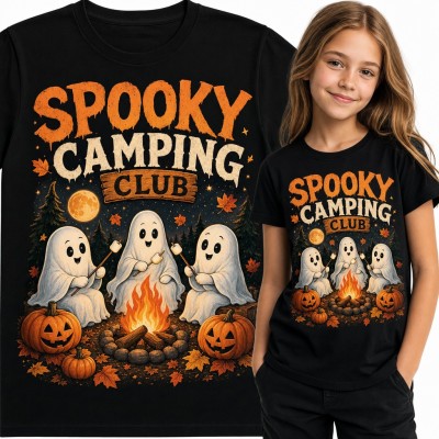 Koszulka dziewczęca „Spooky camping club” - duszki z piankami przy ognisku i dynie
