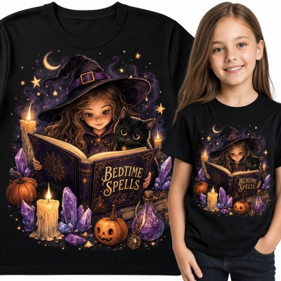 Koszulka dziewczęca „Bedtime Spells” - mała czarownica z czarnym kotem i księgą zaklęć
