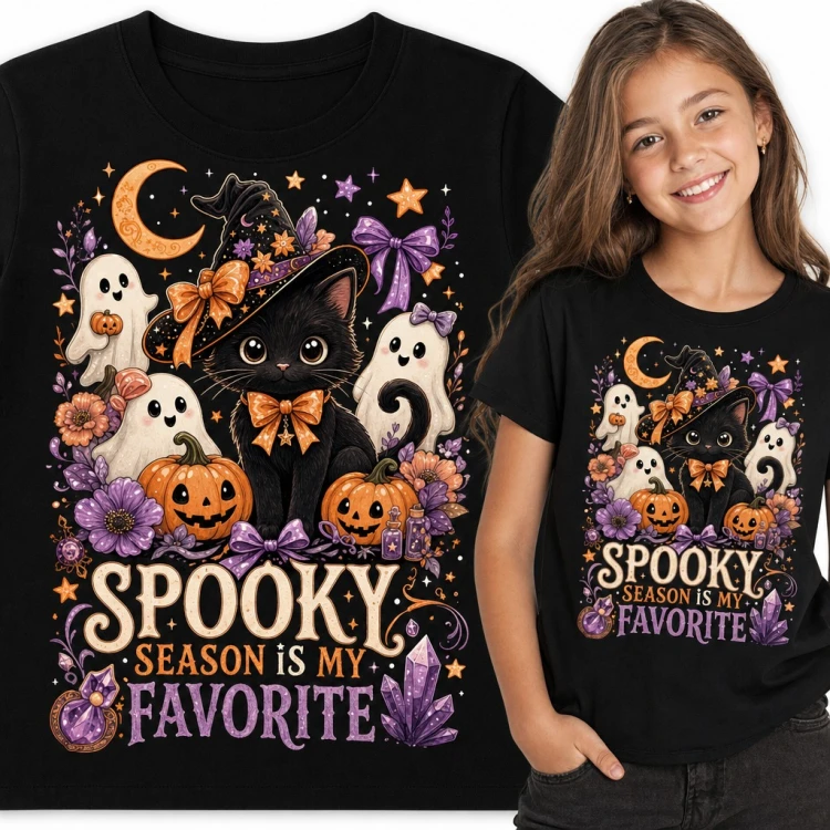Koszulka dziewczęca Halloween „Spooky season is my favorite” - czarny kot w kapeluszu czarownicy