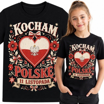 Koszulka dziewczęca „Kocham Polskę 11 listopada” - biało-czerwone serce z orłem
