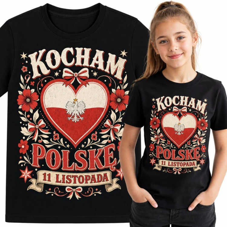 Koszulka dziewczęca „Kocham Polskę 11 listopada” - biało-czerwone serce z orłem