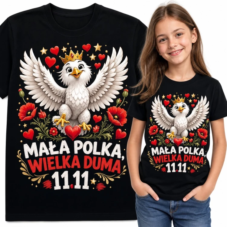 Koszulka dziewczęca „Mała Polka, wielka duma 11.11” - orzełek w koronie z makami