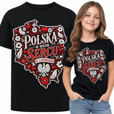 Koszulka dziewczęca „Polska w moim sercu” - mapa z orłem na 11 listopada