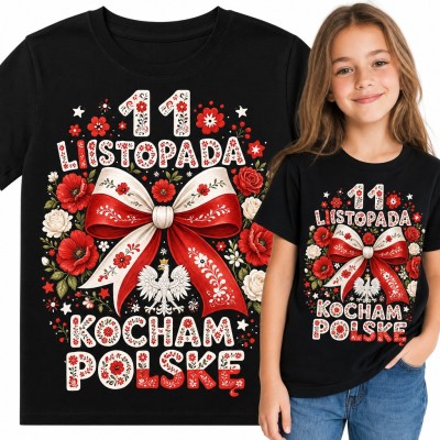 Koszulka dziewczęca „11 listopada kocham Polskę” - biało-czerwona kokarda z orłem i folkowymi kwiatami