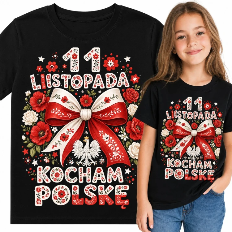 Koszulka dziewczęca „11 listopada kocham Polskę” - biało-czerwona kokarda z orłem i folkowymi kwiatami