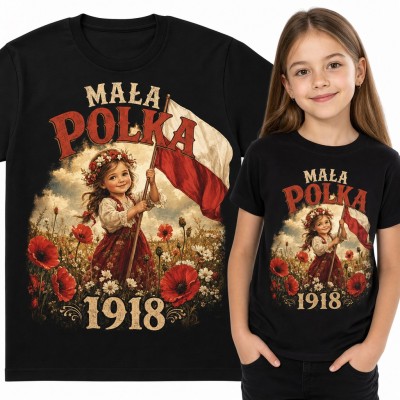 Koszulka dziewczęca „Mała Polka 1918” - dziewczynka z flagą wśród maków