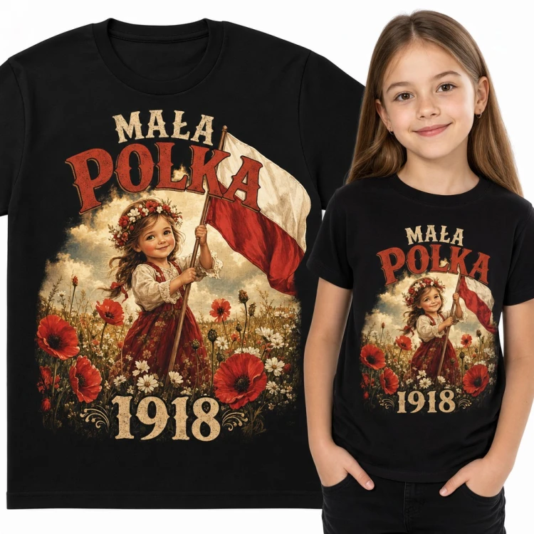 Koszulka dziewczęca „Mała Polka 1918” - dziewczynka z flagą wśród maków