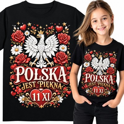 Koszulka dziewczęca „Polska jest piękna” - biały orzeł w koronie wśród róż i stokrotek