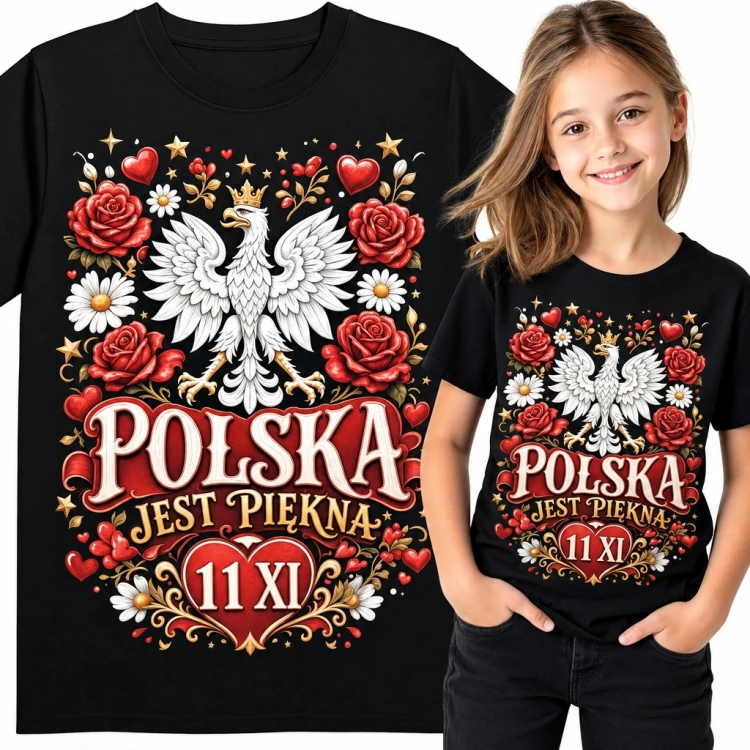 Koszulka dziewczęca „Polska jest piękna” - biały orzeł w koronie wśród róż i stokrotek