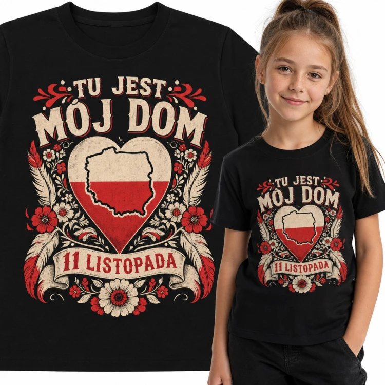 Koszulka dziewczęca „Tu jest mój dom 11 listopada” - serce z mapą Polski i ludowe kwiaty