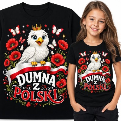 Koszulka dziewczęca „Dumna z Polski” - orzełek w koronie i czerwone maki