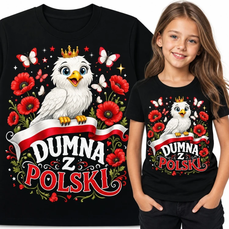 Koszulka dziewczęca „Dumna z Polski” - orzełek w koronie i czerwone maki