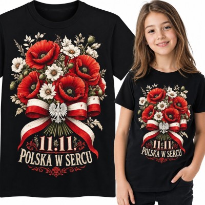 Koszulka dziewczęca „11.11, Polska w sercu” - maki i orzeł na biało-czerwonej wstędze