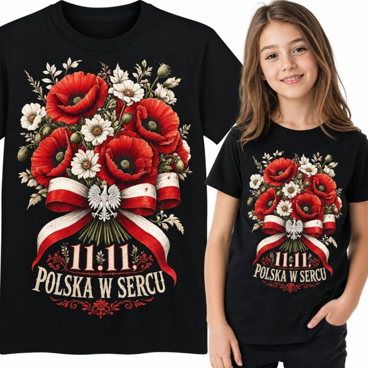 Koszulka dziewczęca „11.11, Polska w sercu” - maki i orzeł na biało-czerwonej wstędze