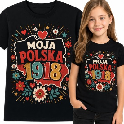 Koszulka dziewczęca „Moja Polska 1918” - mapa z folkowymi kwiatami na Święto Niepodległości