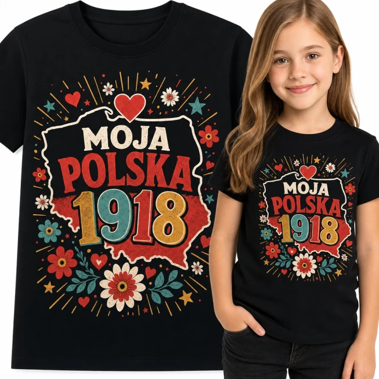 Koszulka dziewczęca „Moja Polska 1918” - mapa z folkowymi kwiatami na Święto Niepodległości