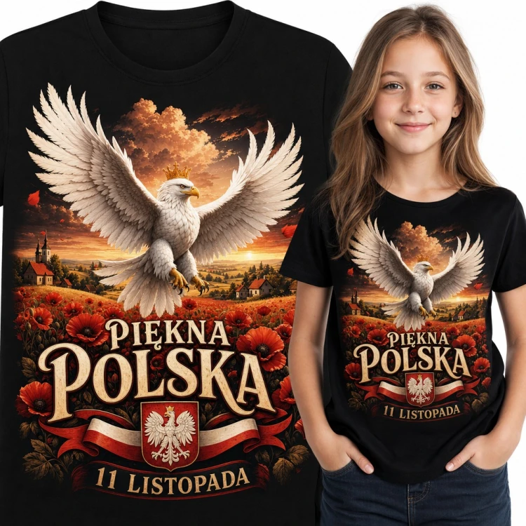 Koszulka dziewczęca „Piękna Polska 11 listopada” - orzeł w koronie nad polem maków