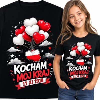 Koszulka dziewczęca „Kocham mój kraj 11 XI 1918” - Polska z balonami serc na Święto Niepodległości