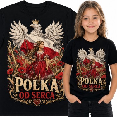 Koszulka dziewczęca „Polka od serca” - orzeł w koronie i dziewczynka z flagą wśród maków