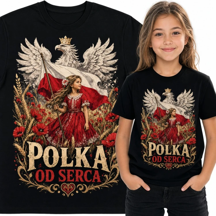 Koszulka dziewczęca „Polka od serca” - orzeł w koronie i dziewczynka z flagą wśród maków