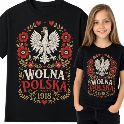 Koszulka dziewczęca „Wolna Polska 1918” - orzeł w koronie i ludowe kwiaty