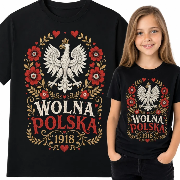 Koszulka dziewczęca „Wolna Polska 1918” - orzeł w koronie i ludowe kwiaty