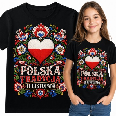 Koszulka dziewczęca „Polska tradycja 11 listopada” - folkowe biało-czerwone serce