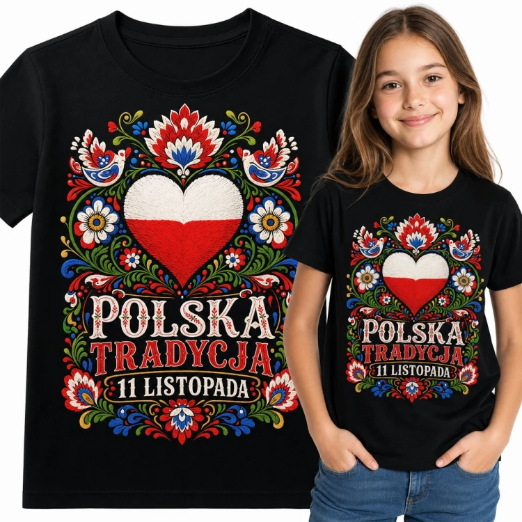Koszulka dziewczęca „Polska tradycja 11 listopada” - folkowe biało-czerwone serce
