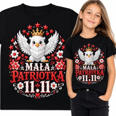 Koszulka dziewczęca „Mała patriotka 11.11” - biały orzełek w koronie i ludowe kwiaty