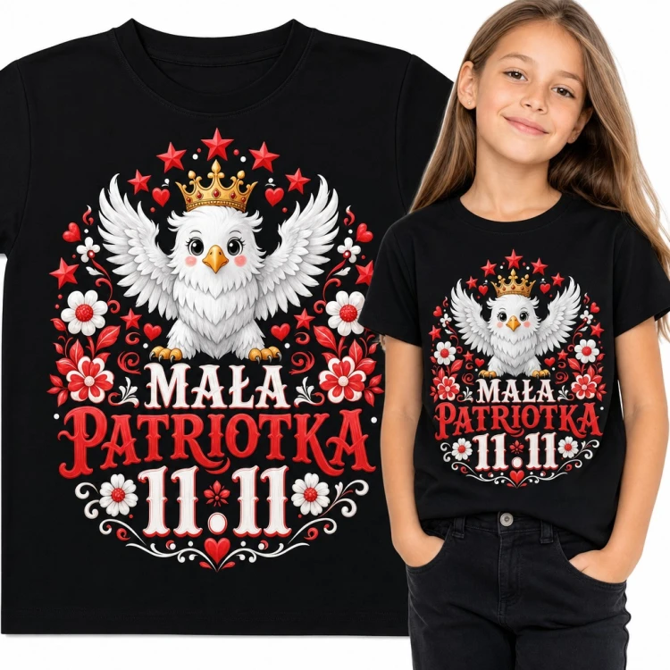Koszulka dziewczęca „Mała patriotka 11.11” - biały orzełek w koronie i ludowe kwiaty