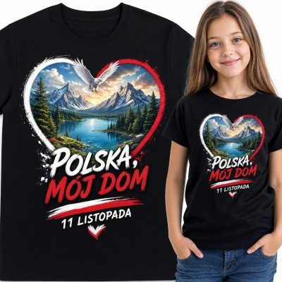 Koszulka dziewczęca „Polska, mój dom” - serce z górami i orłem na 11 Listopada