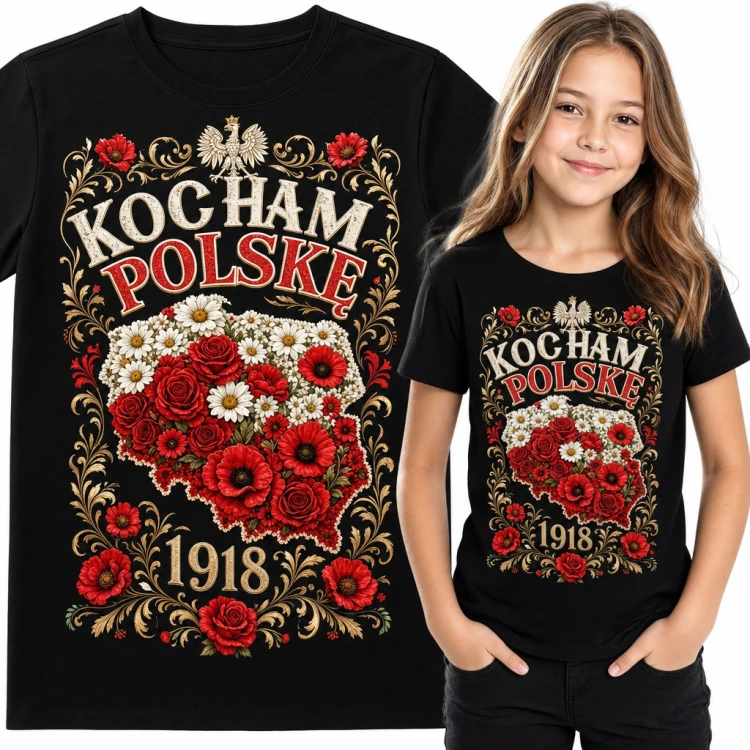Koszulka dziewczęca „Kocham Polskę” - kwiatowa mapa i orzeł 1918