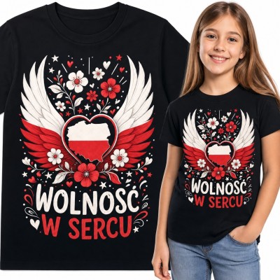 Koszulka dziewczęca patriotyczna „Wolność w sercu” - mapa Polski w sercu ze skrzydłami