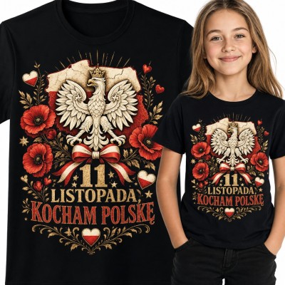 Koszulka dziewczęca „11 listopada, kocham Polskę” - orzeł w koronie i czerwone maki