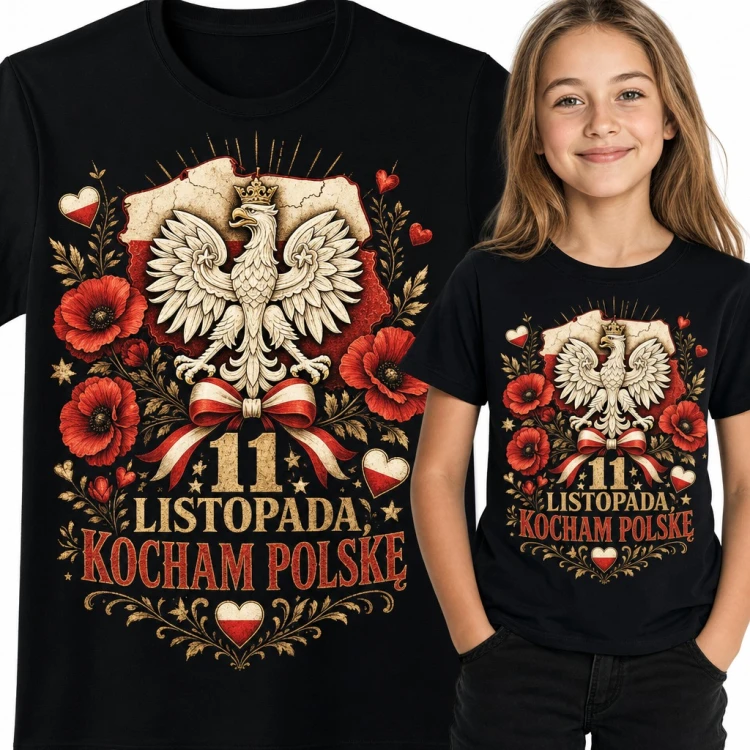 Koszulka dziewczęca „11 listopada, kocham Polskę” - orzeł w koronie i czerwone maki