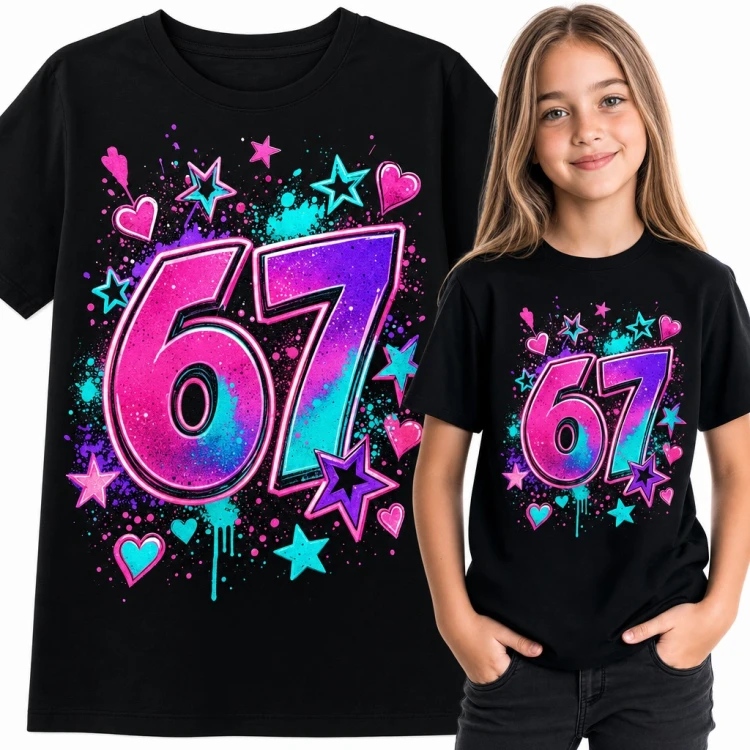 Koszulka dziewczęca „67” - mem Six Seven w neonowym graffiti z gwiazdkami i serduszkami