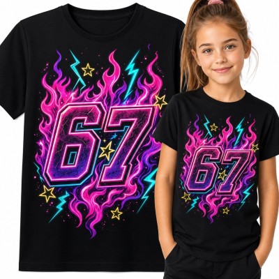 Koszulka dziewczęca „67” - mem Six Seven w neonowych płomieniach