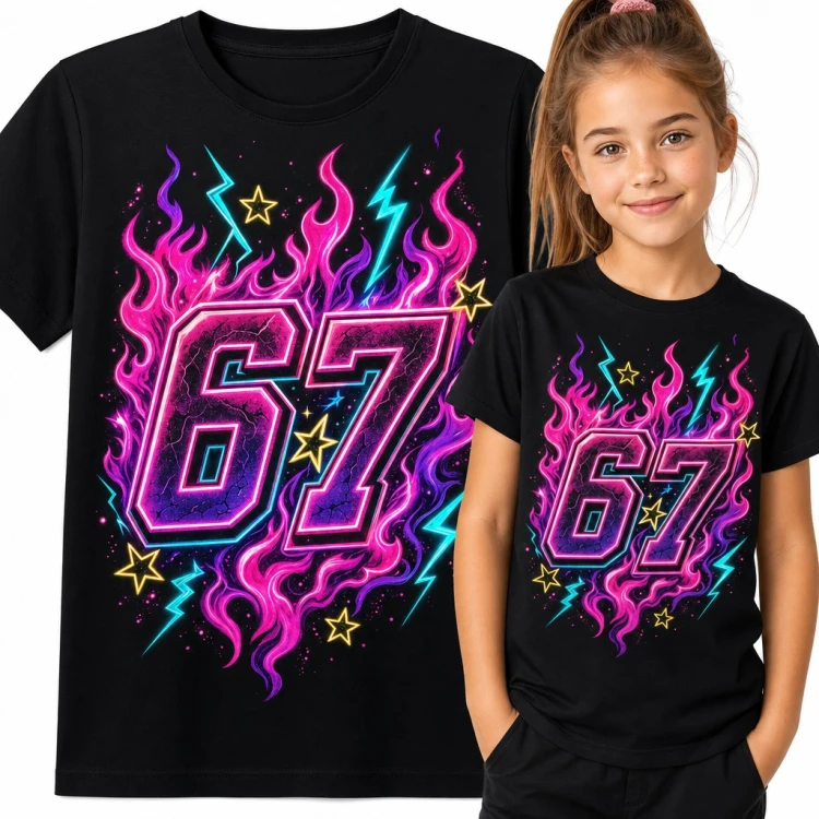 Koszulka dziewczęca „67” - mem Six Seven w neonowych płomieniach