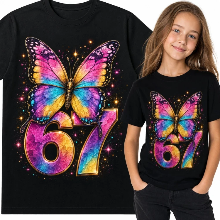 Koszulka dziewczęca „67” - tęczowy motyl i mem Six Seven