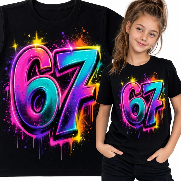 Koszulka dziewczęca „67” - neonowy mem Six Seven w stylu graffiti