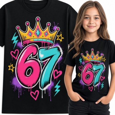 Koszulka dziewczęca „67” - mem Six Seven z koroną w stylu graffiti