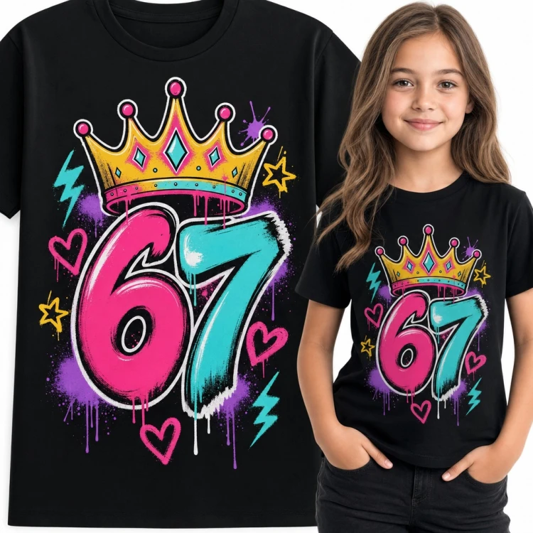 Koszulka dziewczęca „67” - mem Six Seven z koroną w stylu graffiti