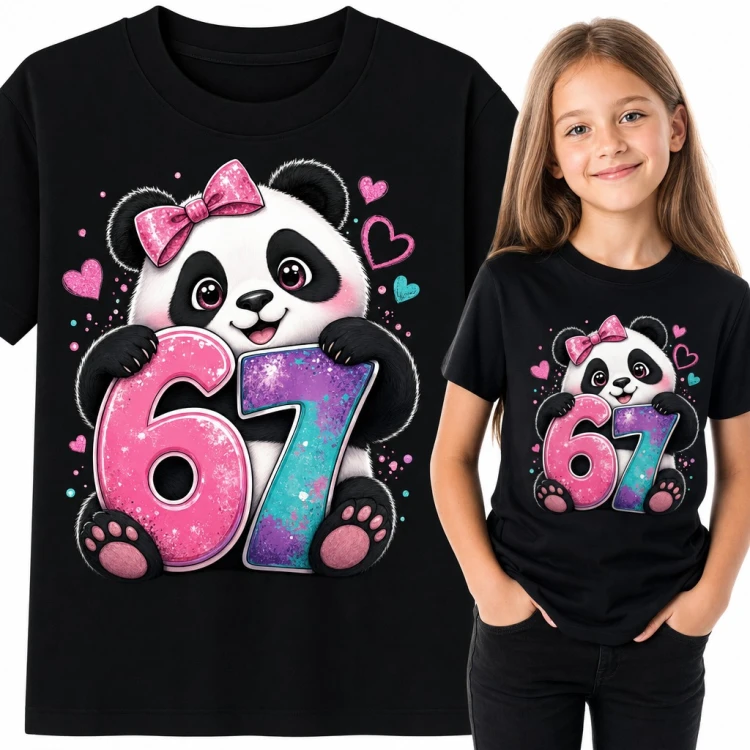 Koszulka dziewczęca „67” - panda z różową kokardą i mem Six Seven
