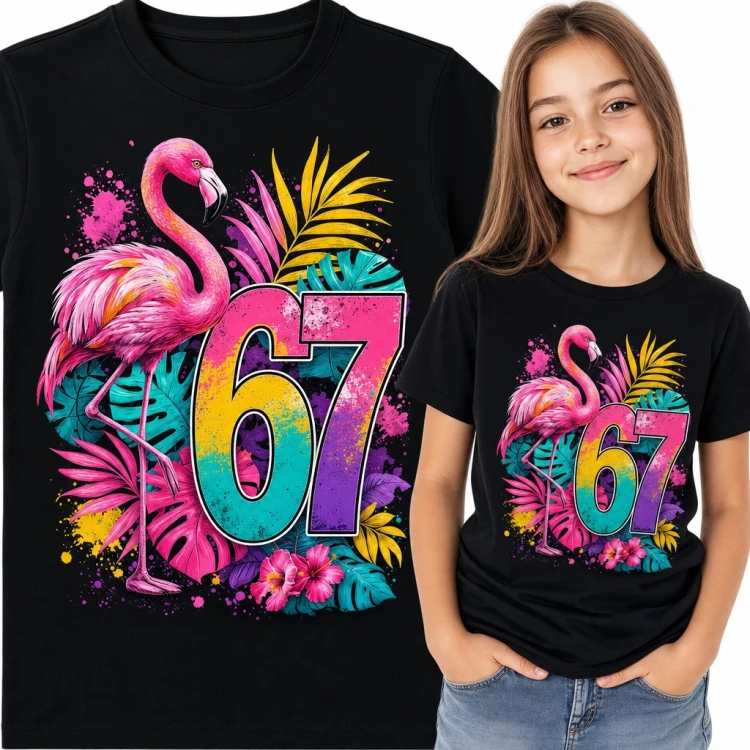 Koszulka dziewczęca „67” z różowym flamingiem - mem Six Seven w tropikach