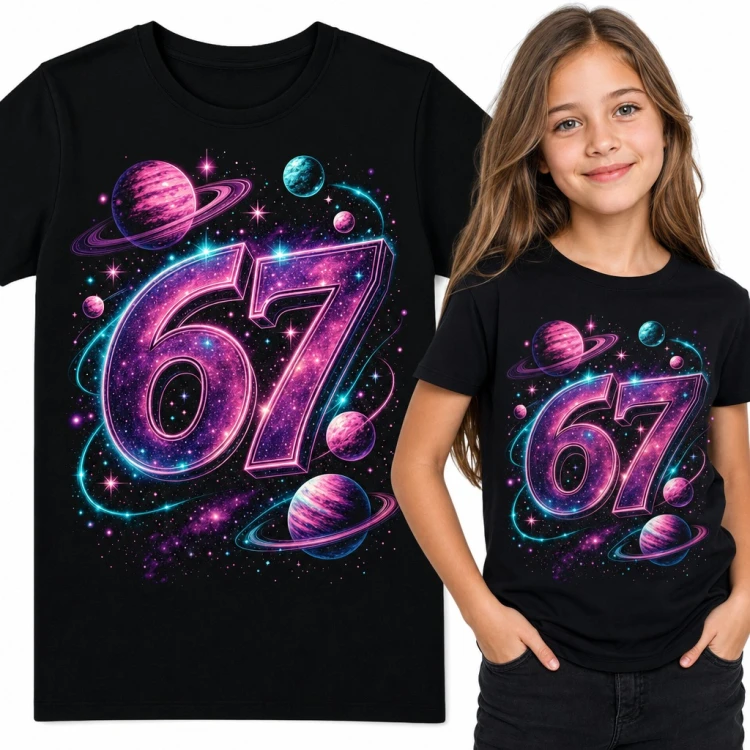 Koszulka dziewczęca „67” - mem Six Seven w kosmicznej galaktyce
