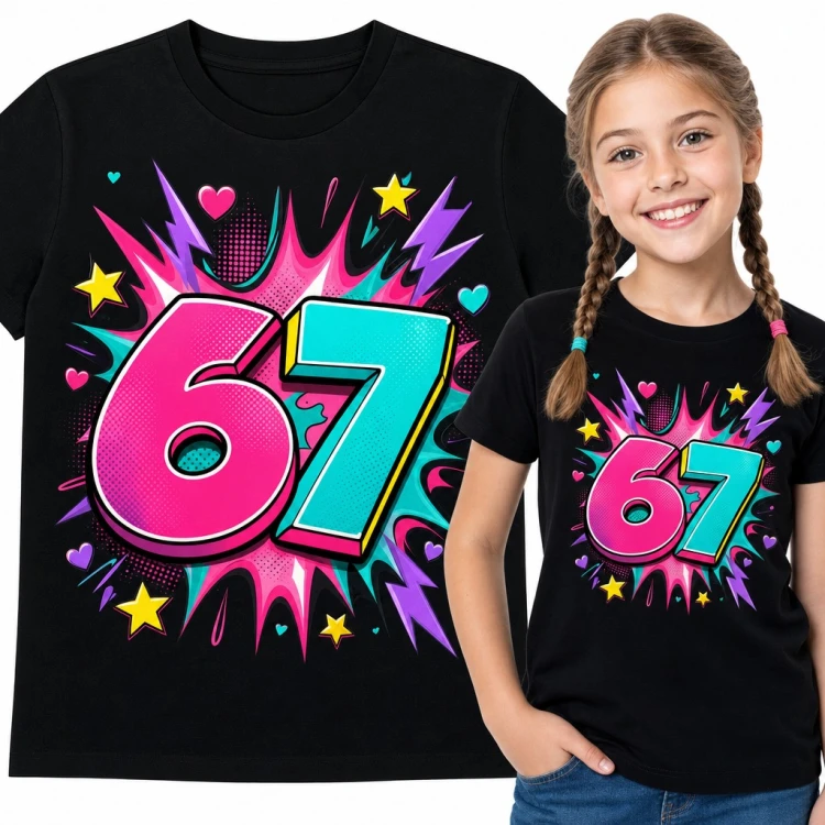 Koszulka dziewczęca „67” - mem Six Seven w stylu pop-art z gwiazdkami