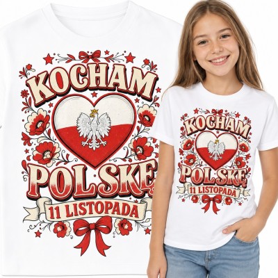 Koszulka dziewczęca „Kocham Polskę 11 listopada” - serce z orłem i ludowe kwiaty