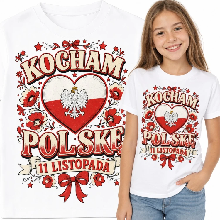 Koszulka dziewczęca „Kocham Polskę 11 listopada” - serce z orłem i ludowe kwiaty