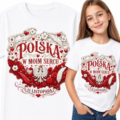 Koszulka dziewczęca „Polska w moim sercu” - mapa z orłem i sercami na 11 Listopada